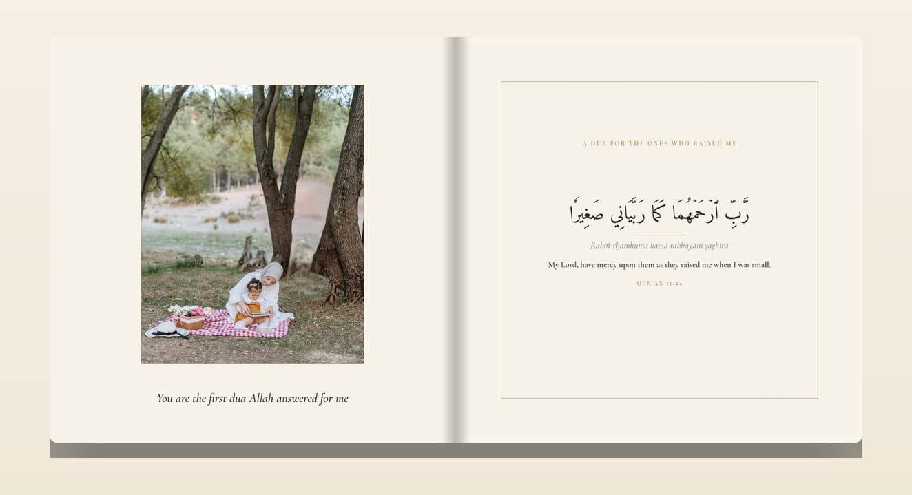 A real Ketabi keepsake spread with a family photo and Qur'anic dua